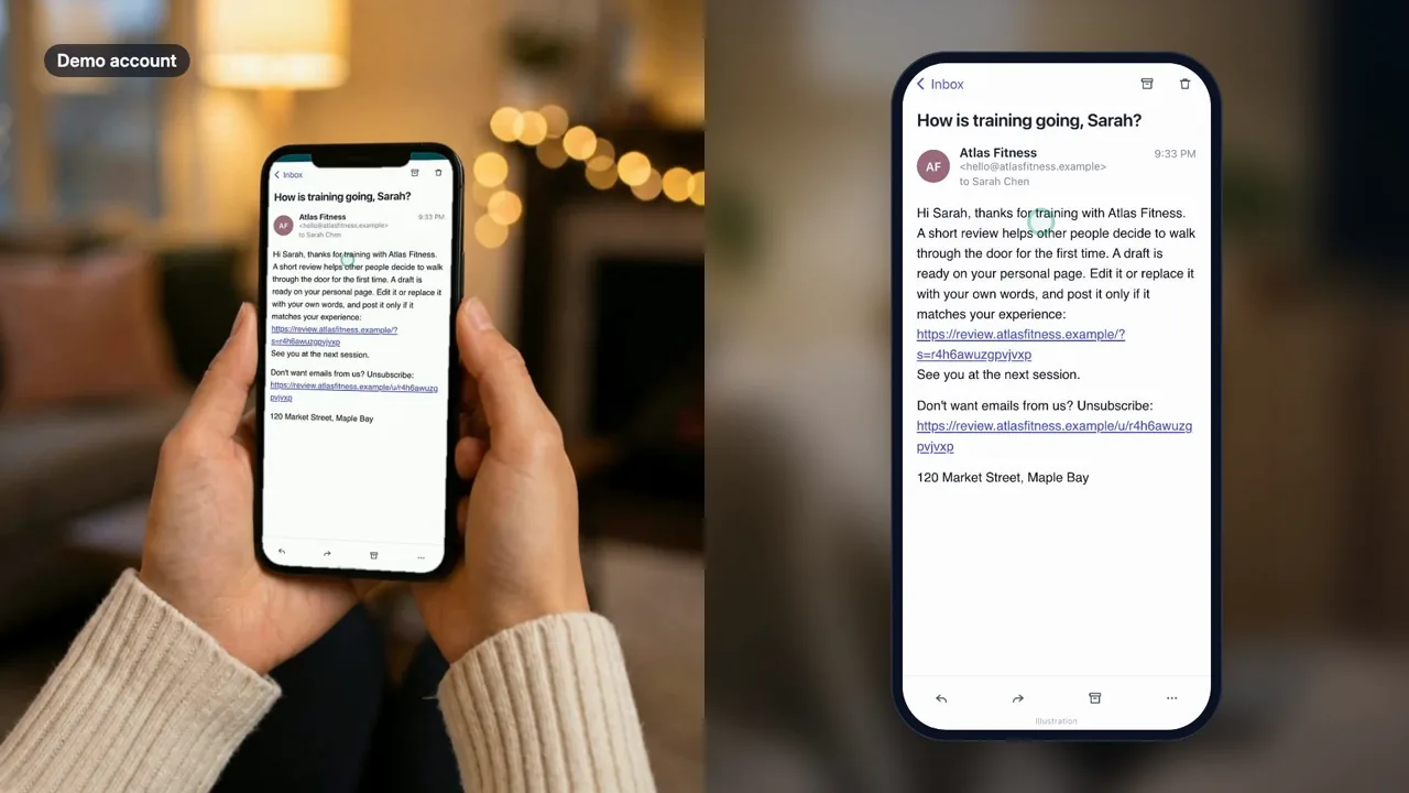 A customer holding a phone with the gym's review request email open