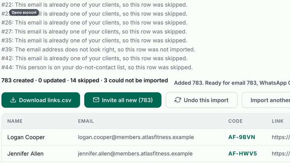 Import complete: 783 created, 14 skipped and 3 could not be imported, next to the button Invite all new (783).