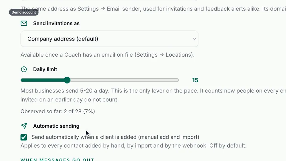 The daily limit slider set to 15, with Automatic sending switched on below it.