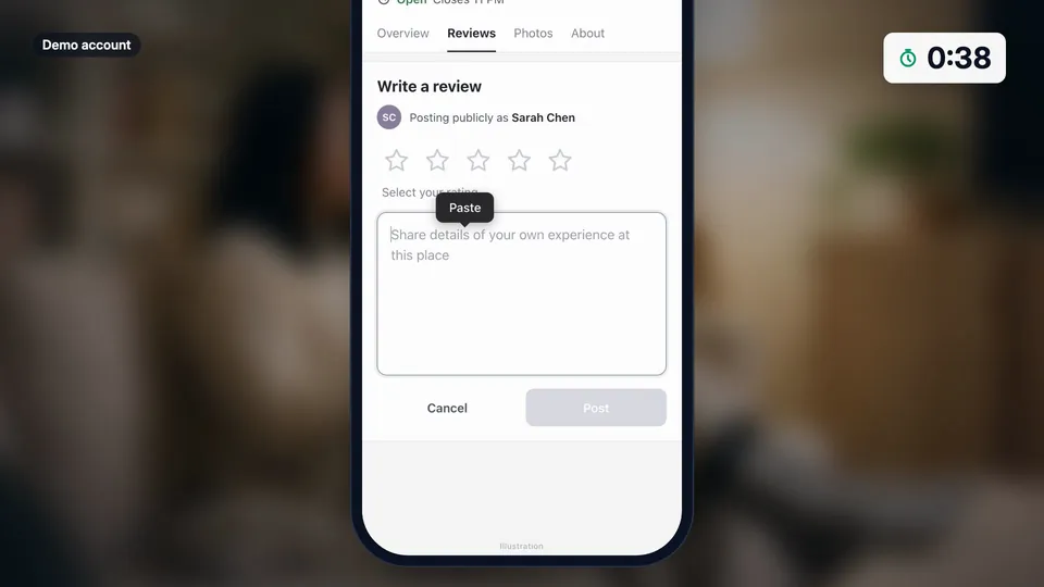 An illustration of the Google Write a review box on the phone, posting as the customer, with the rating not yet chosen and the Paste option open.