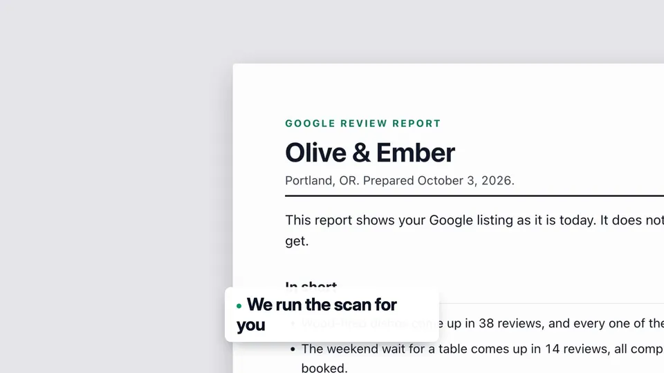 The first page of the Google review report for Olive & Ember, Portland, OR, with the note We run the scan for you.