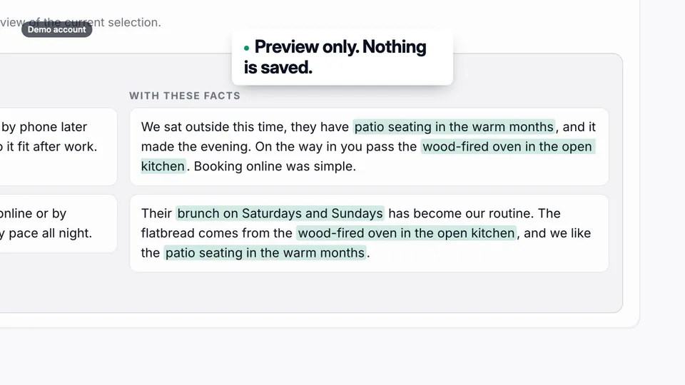 Sample drafts with the confirmed facts highlighted, under the note Preview only. Nothing is saved.