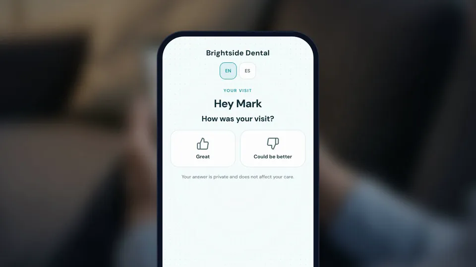 The Brightside Dental review page on a phone: Hey Mark, How was your visit?, with the buttons Great and Could be better.