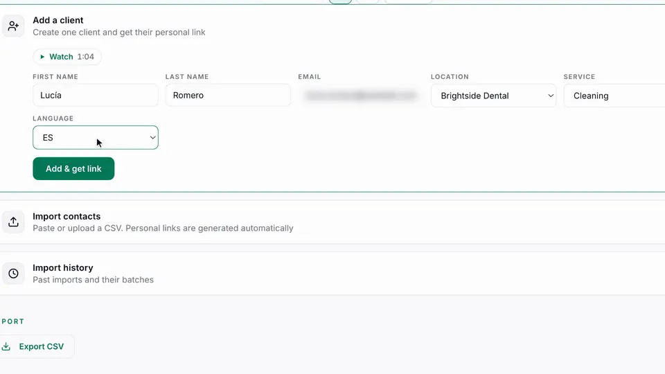 Add a client in the demo account: Lucía Romero at Brightside Dental, with the location, the service and her language set to ES.