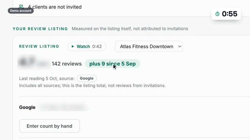 The review listing card for Atlas Fitness Downtown: 142 reviews, plus 9 since 5 Sep, read from Google, with Enter count by hand below.