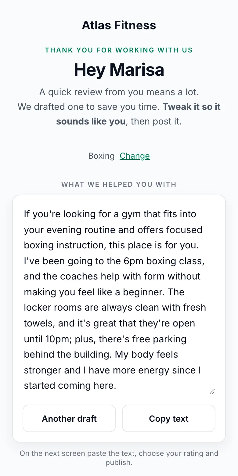 A Review Machine customer page on a phone, showing an editable starting draft with the buttons Another draft and Copy text.